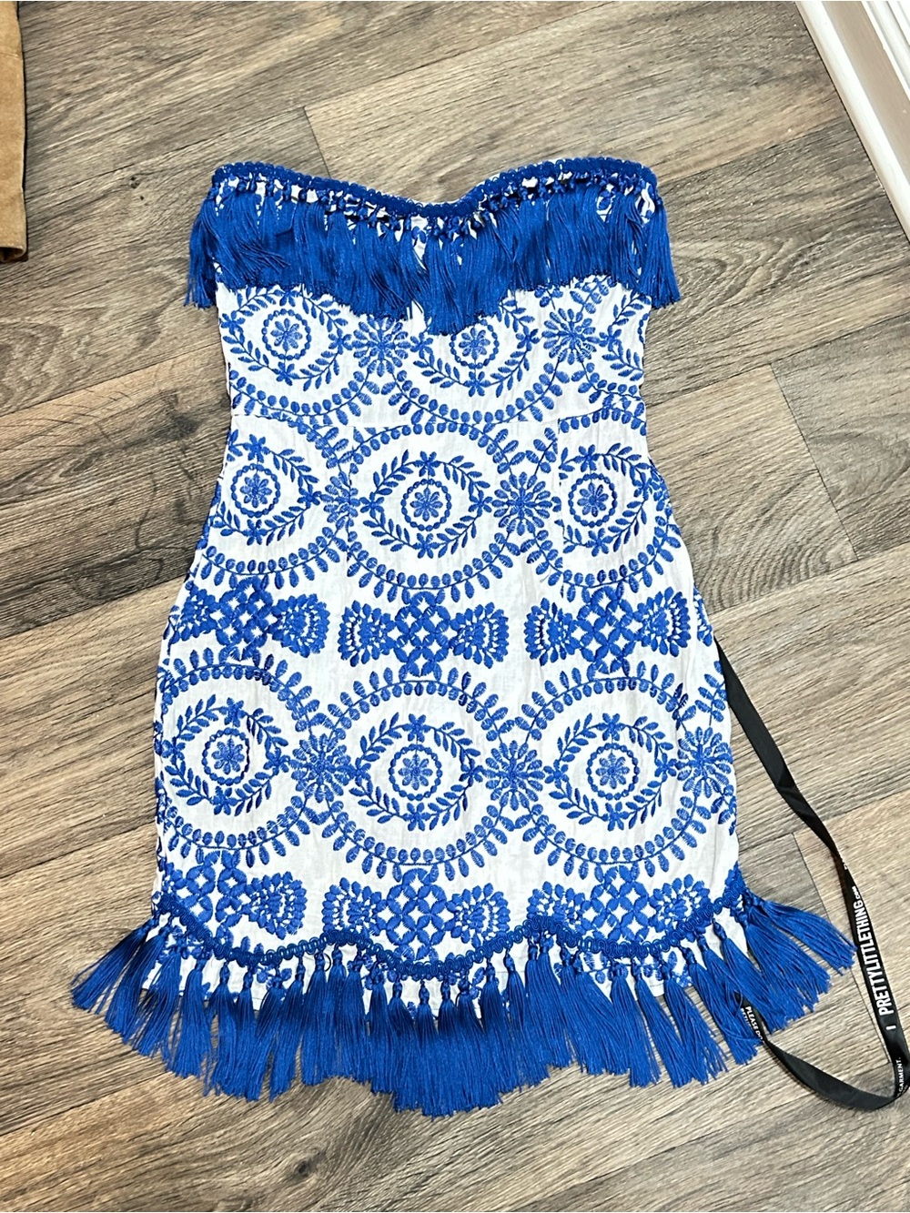 PrettyLittleThing Blue and White Embroidered Mini Dress